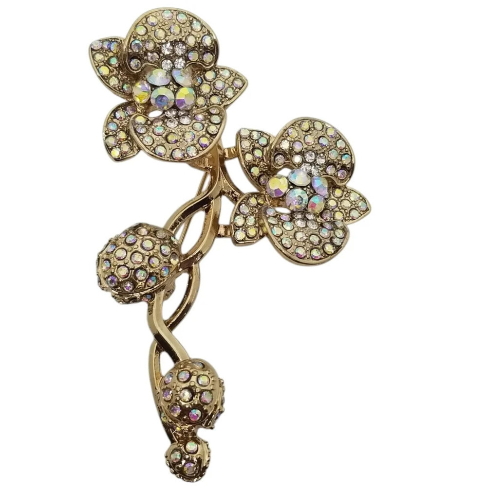 VINTAGE GOLDTONE & AURORA BOREALIS RHINESTONE FLOWERS ON STEM BROOCH